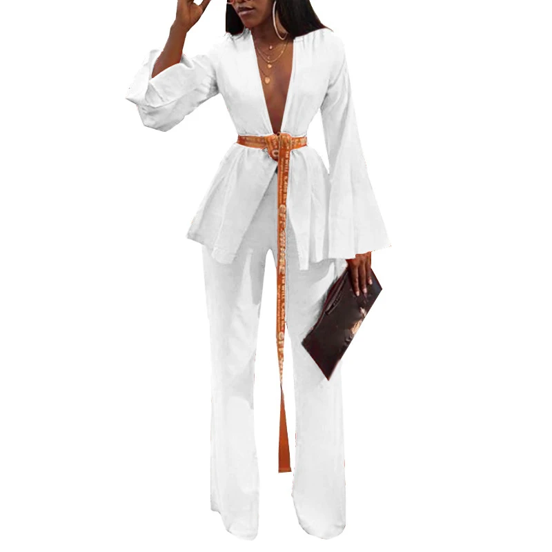 

Women Sexy 2 Piece Set Deep V Neck Long Flare Sleeve Tops Wide Leg Pant Casual Outfit Autumn Two Piece Suit