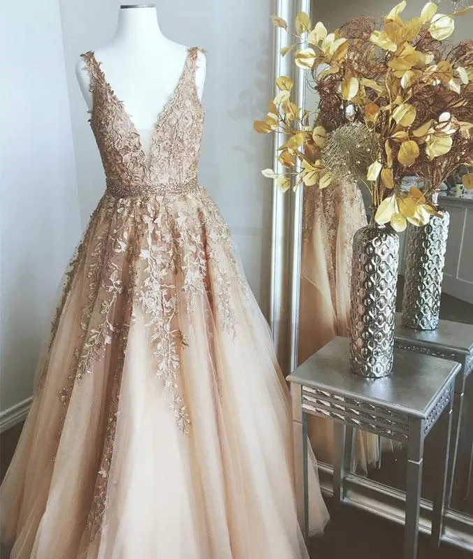 Реальное изображение золото вечерние кружевные платья с блестящими бусинами Sash A-Line длинное платье для выпускного v-образным вырезом плюс размер Формальные платья