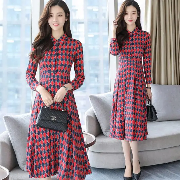 

Plaid Dresses 2018 Design Women Office Long Sleeve Vintage Print Red Slim Elegant Ladies A Line Long Shirt Dress DW50