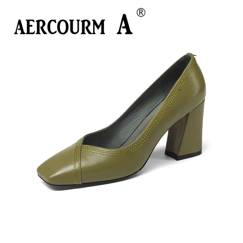 A Aercurm Verde Cuero Zapatos 2018 Color De azul Negro Alto Punta green Vestir Liso Negro Tacón Cuadrada Azul Genuino Mujer dqqAfr