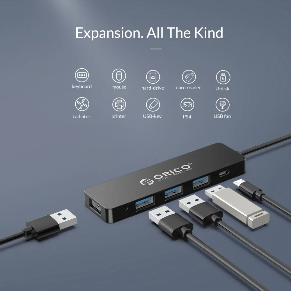 ORICO Mini USB 3,0 концентратор 4 порта питание OTG с микро USB интерфейс питания для MacBook ноутбука Настольный 5 Гбит/с OTG usb-хаб