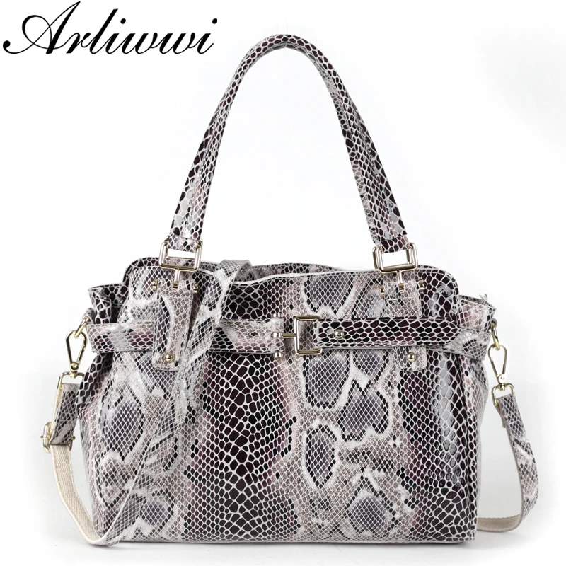 

Arliwwi Featured Real Leather Lady Serpentine Pattern Embossed Designer totes Snake Grain Genuine Leather handbags for Women