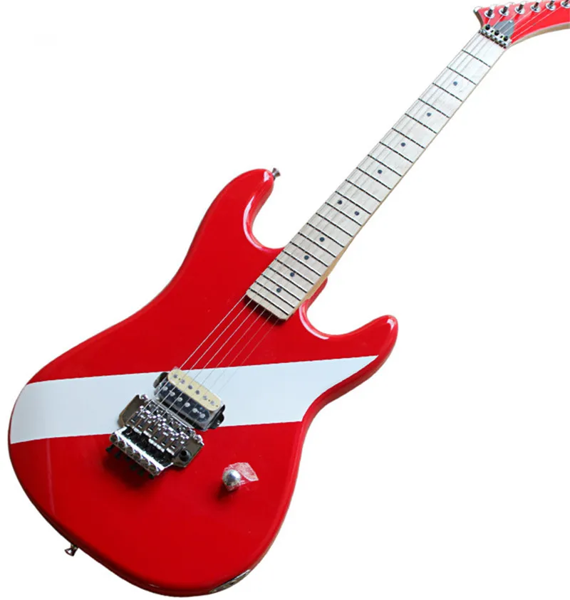 

Classical Red Electric Guitar with White Stripes,Maple Fingerboard,Tremolo,Chrome Hardwares,can be customized as to request.