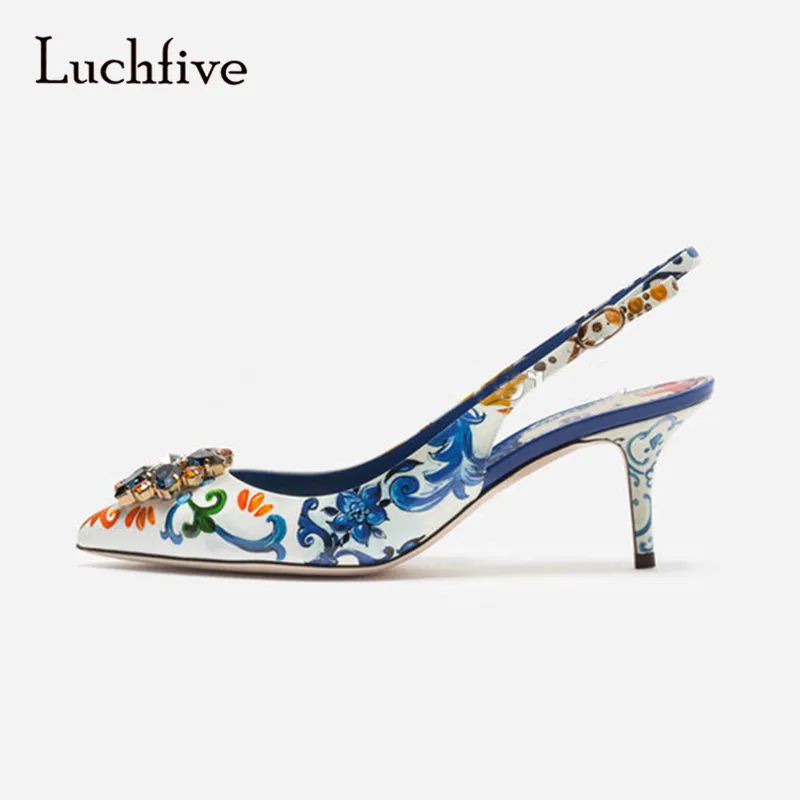 

Blue and White Porcelain Printing Lady Pumps Pointed Toe Rhinestone Flower Kitten Heel Slingbacks Wedding Party Shoes Women