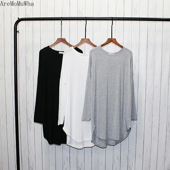 

AreMoMuWha European and American Style Long-sleeved Modal Shirt Female Loose Wild Large Size Was Thin Round Neck Pullover Shirt