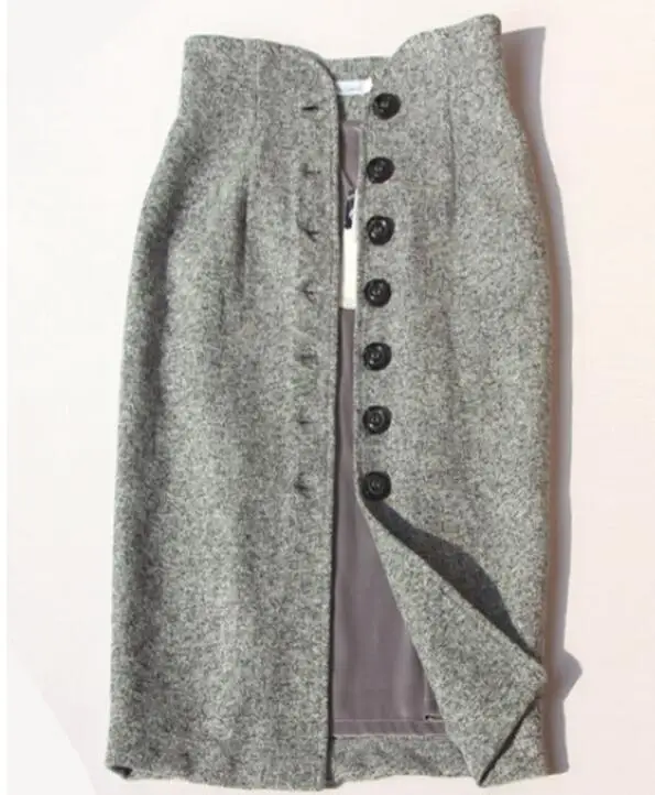 Женская тонкая винтажная шерстяная юбка с высокой талией, осенняя мода, Зимняя женская юбка-карандаш на пуговицах, миди, Faldas Saias, серая юбка-карандаш, одежда