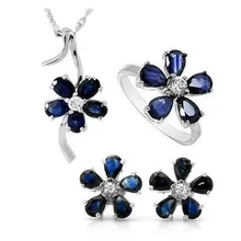 Натуральный голубой сапфир камень свадебные комплект ювелирного изделия с натуральным камнем драгоценный камень кольцо, серьги, ожерелье S925 серебряные Модные Элегантные цветы