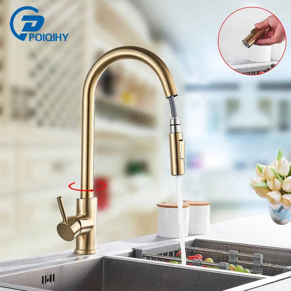 

Brushed Gold Pull out Kitchen Sink faucet Deck Mounted 360 RotationTwo Function Water Modes Cold Hot Mixer Taps