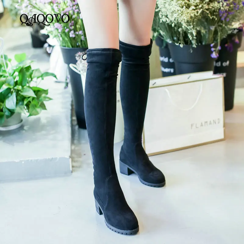 

Women Shoes Over the Knee Boots Flock Leather Thick Low Heel Fashion Boots Laceing Autumn Winter High Boots Shoes Big Size 43