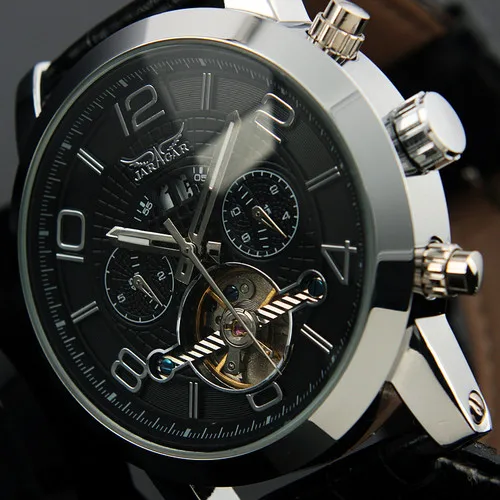 font b JARAGAR b font Tourbillon Watches Leather Strap Auto Mechanical Watch Luminous Hands Date