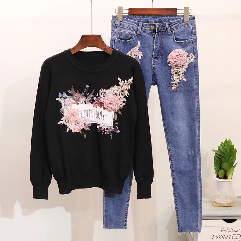 2 Pantalon Broderie Floral Chandail Costumes Jeans Tricoté Automne Pièces Ensemble Oiseaux Femmes 2018 Hiver Deux RE8xS