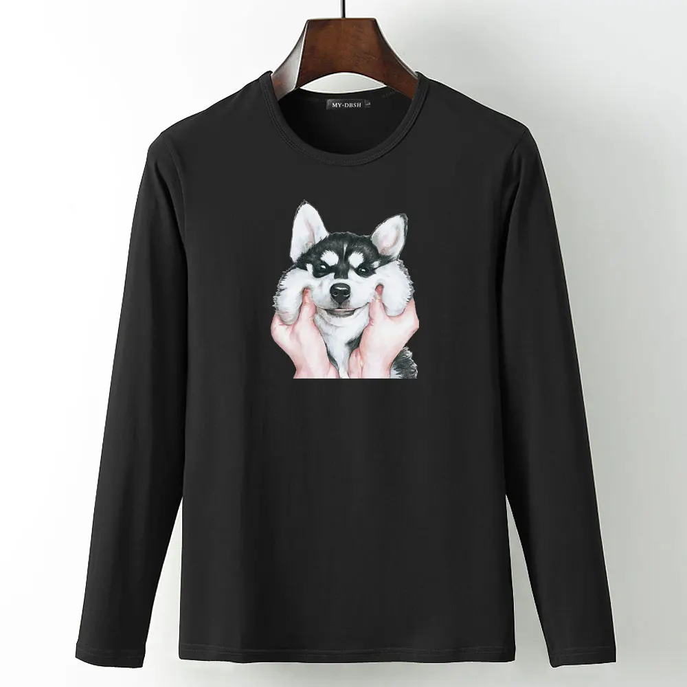 Модная мужская футболка в стиле рок, одежда, футболки в стиле хип-хоп, топы с длинными рукавами, черно-белые Забавные футболки с принтом собаки, с животными, Poleras Hombre - Цвет: A67-O-Black