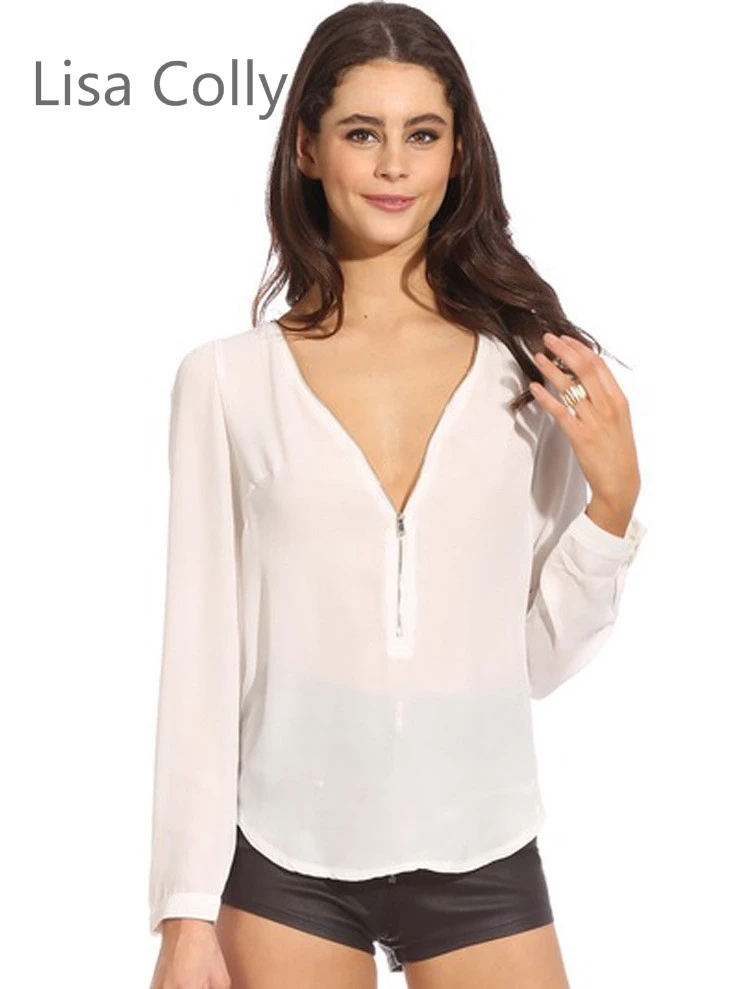 

New Summer Spring Sexy Fashion Women Blouse V-neck Zipper Long-sleeved Chiffon Shirt Tops Causal Blouses Vestidos