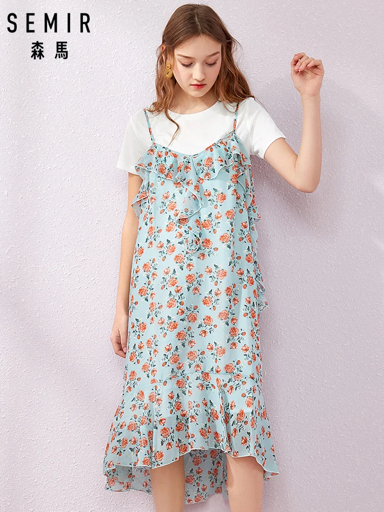  SEMIR 2019 New Fashion Girl Print Summer Plus Size Dress Casual O-Neck Black White T-shirt Funny Po