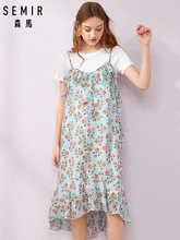 Semir 2019 새로운 패션 소녀 인쇄 여름 플러스 크기 드레스 캐주얼 o-넥 블랙 화이트 t-셔츠 재미 있은 포켓 여성 드레스(China)