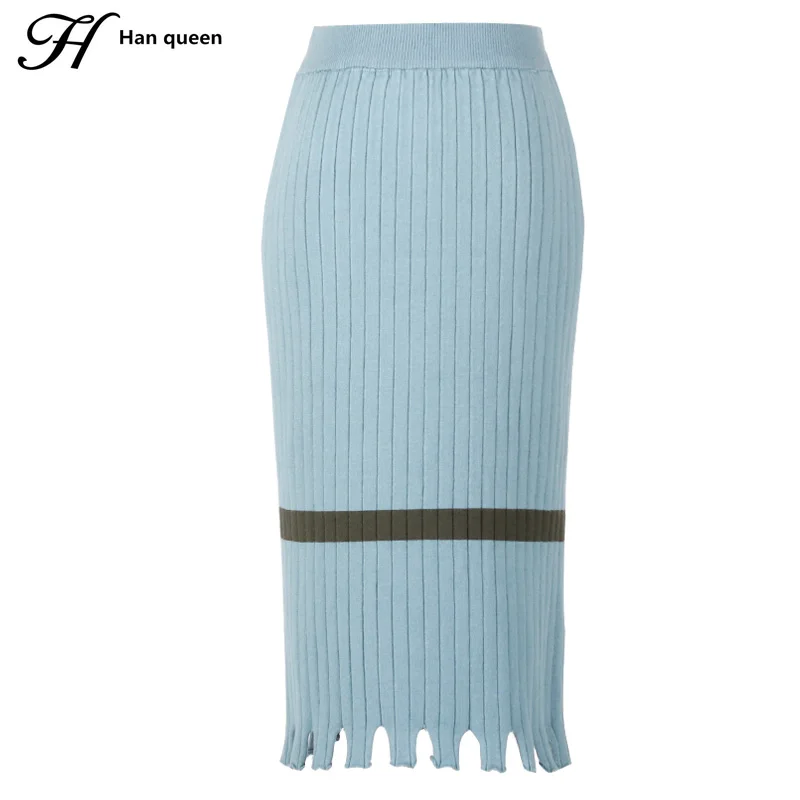 

H Han Queen Women Pencil Skirts Autumn Winter High Waist Knitting Midi Skirt Womens Retro Patchwork Slim Elasticity Casual Saias