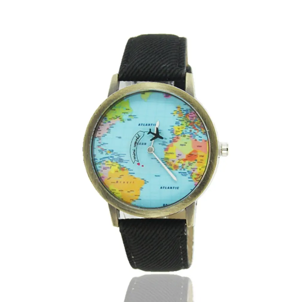 

World Maps Airplane Pattern Canvas Straps Watchband Fashionable Design Quartz Movement Wrist Watches for Drop Shipping