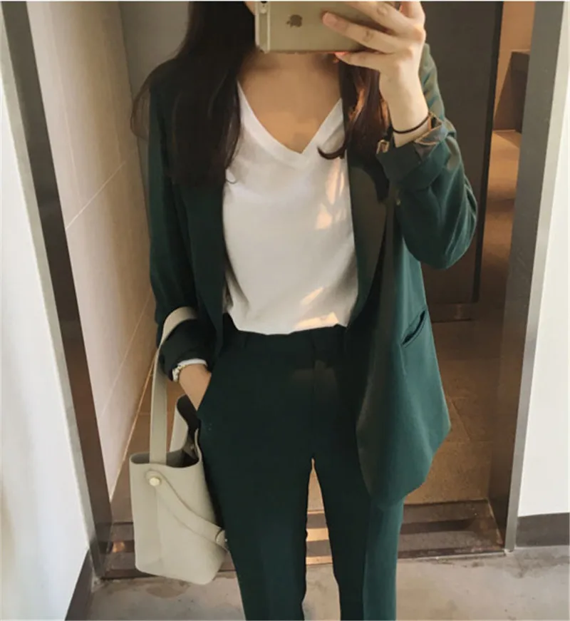 LUOSHA женский офисный зеленый Блейзер+ брюки костюм женский комплект из двух предметов однобортный Блейзер пиджак костюм