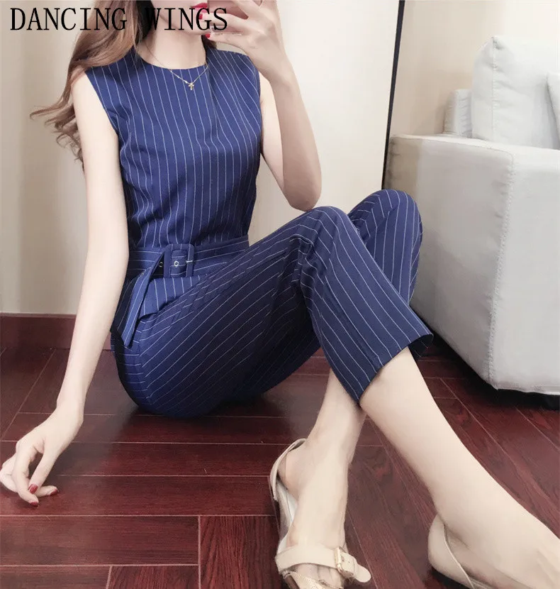 

Women Fashion Summer Striped Clothing Set Female Sleeveless Tops + Ankle-Length Pants 2 Pieces Suit