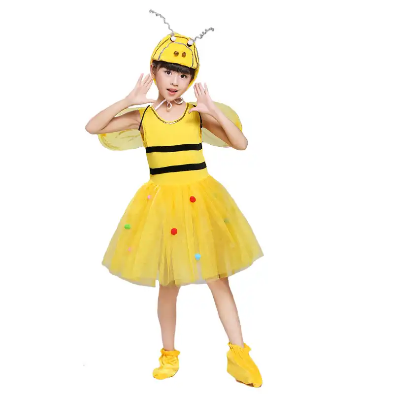 Bee Costume Kids Girls Fairy Fancy Dress Black Yellow Stripe Dress Tween Halloween Carnival Party Animal Costume Dress Up Pretend Play Costumes