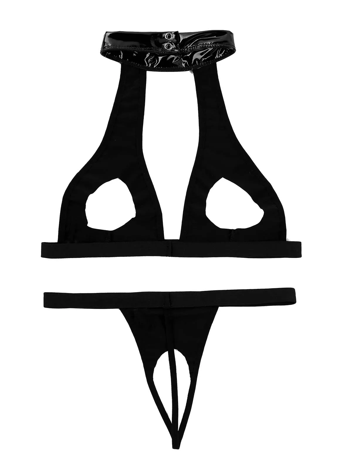 Женский комплект нижнего белья Wetlook промежность искусственная кожа Открытый бюст бюстгальтер топ с трусы с вырезами Т-образная спина сексуальное женское нижнее белье