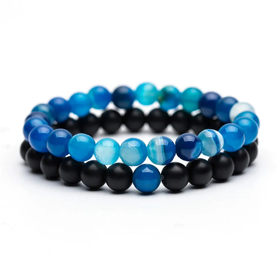 

2018 Natural blue lines round beaded bracelets Seven chakra yoga energy beads bracelet Black volcanic stone bracelets&bangles