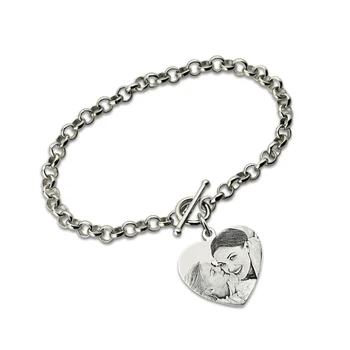 

Wholesale Sterling Silver Picture Bracelet Custom Photo Heart Bracelet Heart Charm Photo Keepsake Jewery Gift for Her