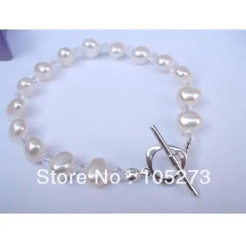 Handmade UK Designer S925 Sterling Silvers Freshwater Pearl And Crystal Heart Clasp Bridal Bracelet 8'' Women Gift Free Shipping |