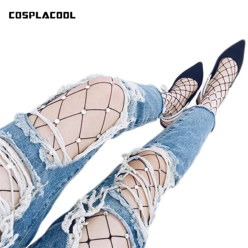 [COSPLACOOL]Sexy handmade white Pearl grid fishnet tights 2017 Europe popular Women/Ladies/Girls collant Sox Meias pantyhose | Женская