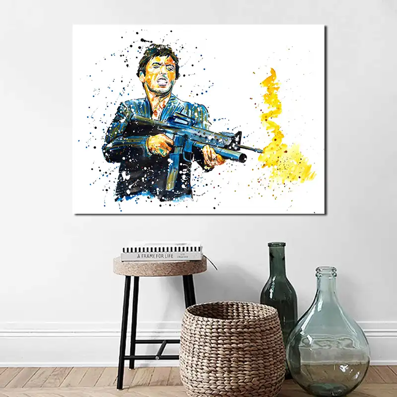 Tony Montana Con Un Arma Minimalista Obra De Arte Con Acuarela