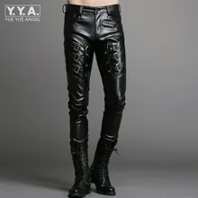 Горячие кожаные новые модные мужские панковские штаны популярная пряжка дизайн обтягивающие искусственная кожа полиуретан брюки для мужчин черные однотонные длинные брюки