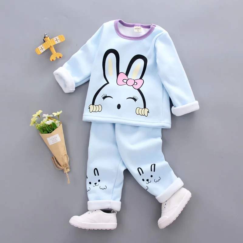 Пижамный комплект для маленьких девочек; детская От 2 до 4 лет теплая Пижама; милая одежда ярких цветов с розовым кроликом; комплекты теплой зимней одежды для детей - Цвет: 1
