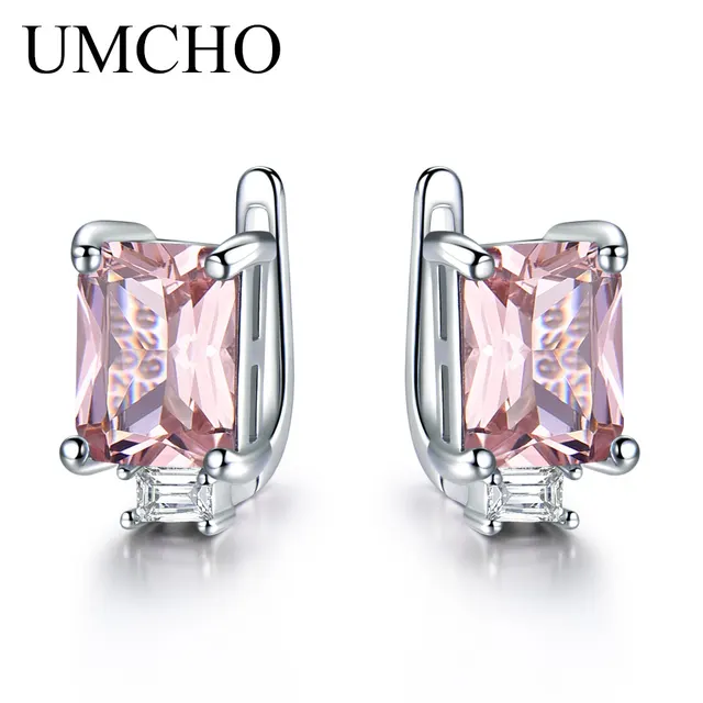 UMCHO Solid 925 Sterling Silver Clip Earrings for Women Luxury Emerald Green Gemstone Jewelry Princess Cut May Birthstone Gift EUJ072M-1