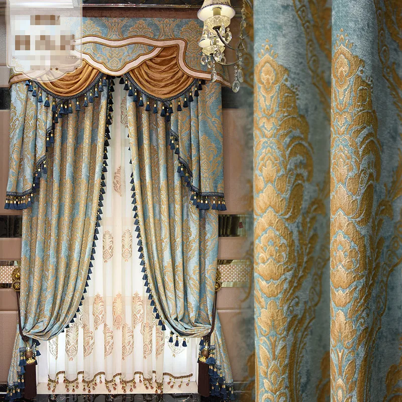 

Custom curtain European high quality thick chenille jacquard blue green shading curtains cloth blackout curtain valance E619