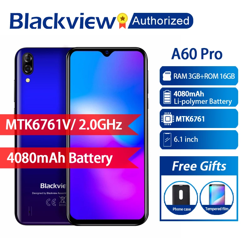 Blackview A60 Pro Телефон Android 9,0 3 ГБ ОЗУ 16 Гб ПЗУ смартфон 6,08" дисплей полный экран MT6761V четырехъядерный 8 Мп мобильный телефон