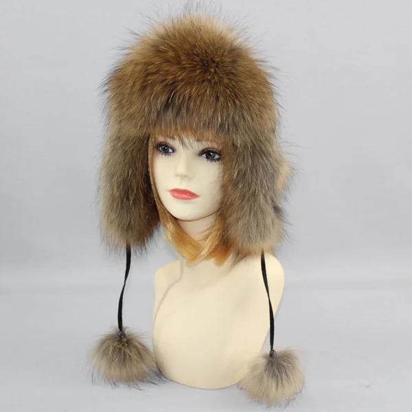 New Winter Women Lovely Real Fox Fur Hats Natural Fox Fur Winter Quality Thick Warm Fox Fur Bomber Hat - Цвет: raccoon fur