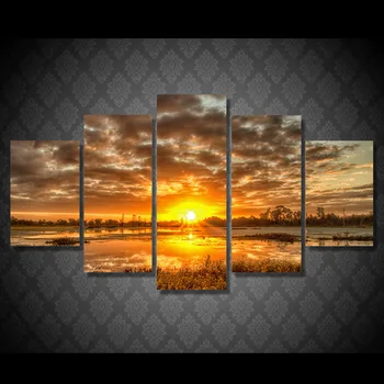 

5 Pcs/Set Framed HD Printed Sunrise Morning Lake Landscape Wall Art Canvas Print Poster Canvas Pictures Oil Painting Artworks