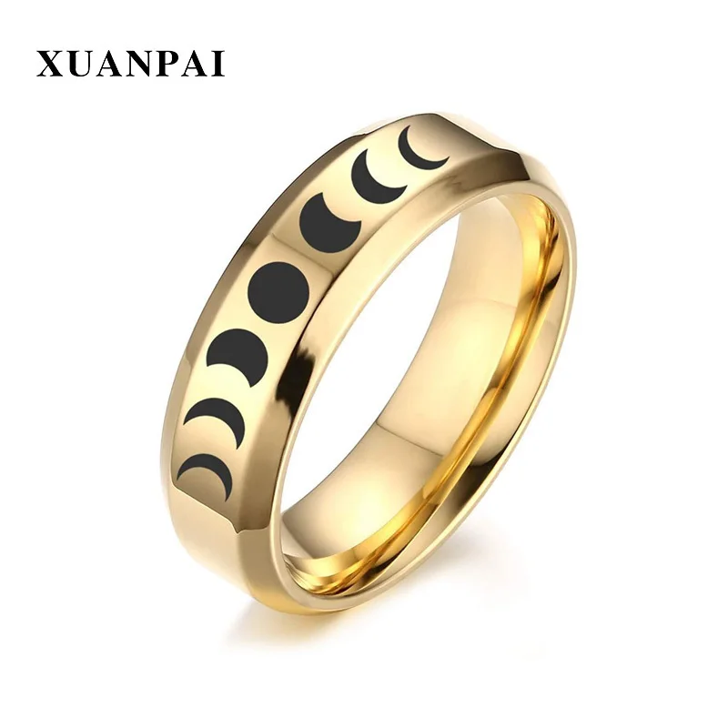 

XUANPAI Moon Phase Moon Cycle Rings For Men 6mm Wide 3 Color To Choose Stainless Steel Astronomical Astrology Leisure Ring