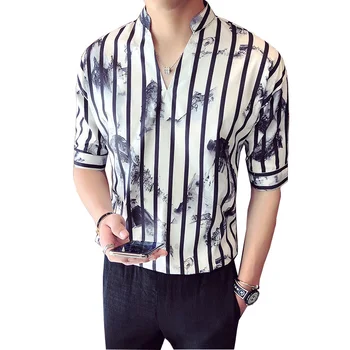 

Loldeal New Standing Men Collar Pullover Shirts Fashion Vertical Stripes Printing Shirt Half Sleeve Men's Casual Shirt