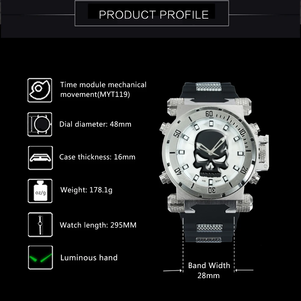 Najtaniej Zwycięzca oficjalne męskie zegarki sportowe 3D czaszka Punk Dial kwarcowy zegar analogowy pasek gumowy moda Casual zegarek dla człowieka wodoodporny