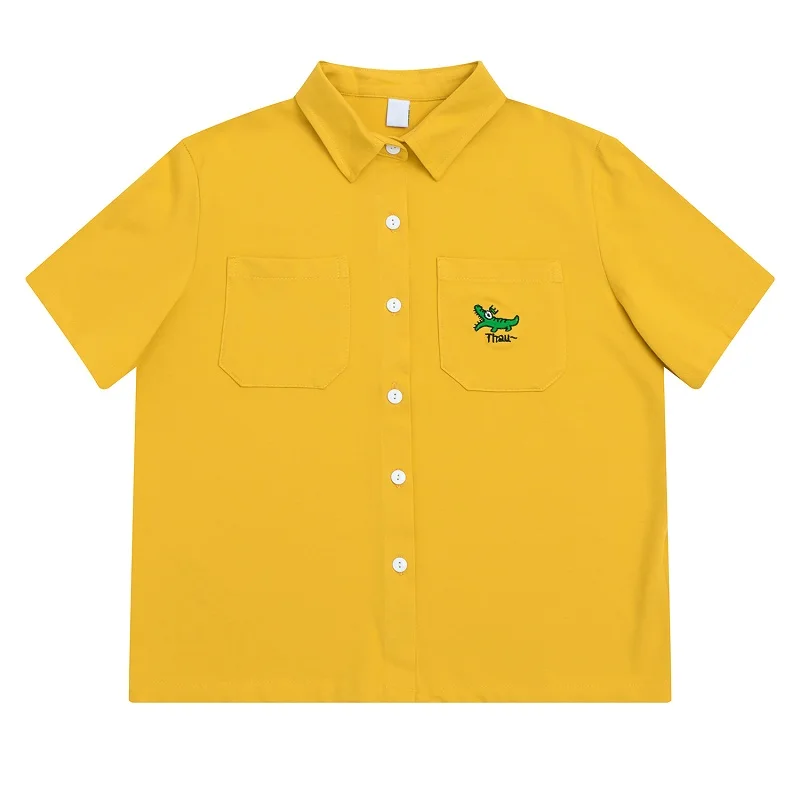 

Women 2018 Summer B Turn Down Collar Cartoon Crocodile Embroidery Pockets Botton Femme Loose Tee Shirt Tops White Yellow