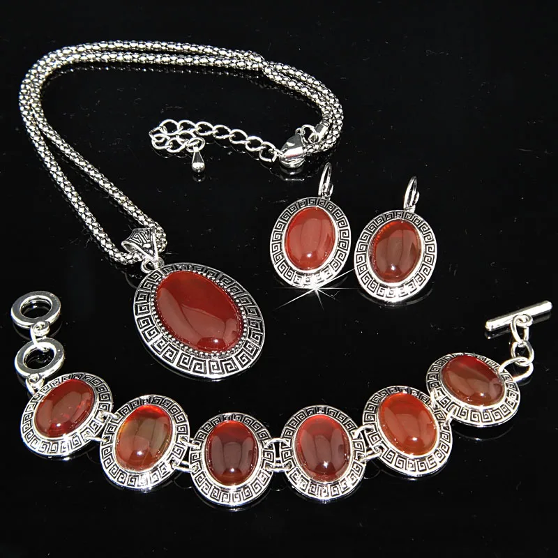

2 Sets Vintage Antique Tibetan Silver Oval Red Stone Earrings Bracelet Necklace Women Jewelry Set A-791