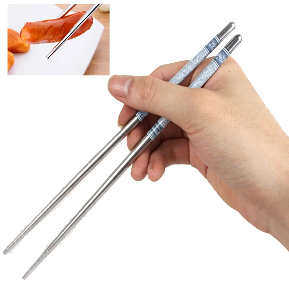 

1Pair High Quality Chinese Style Length White Flower Pattern Stainless Steel Chopsticks Pair New Portable Chop Sticks