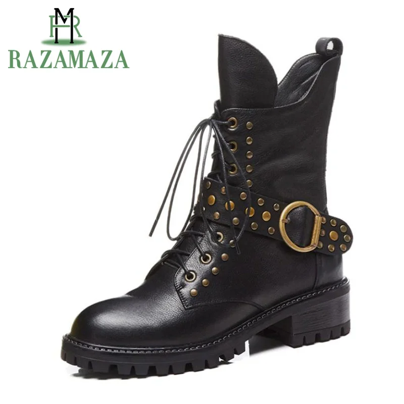 

RAZAMAZA Women Real Leather Mid Calf Boots Winter Buckle Rivets Warm Fur Shoes Woman Zipper Lace Up High Heel Boots Size 34-42