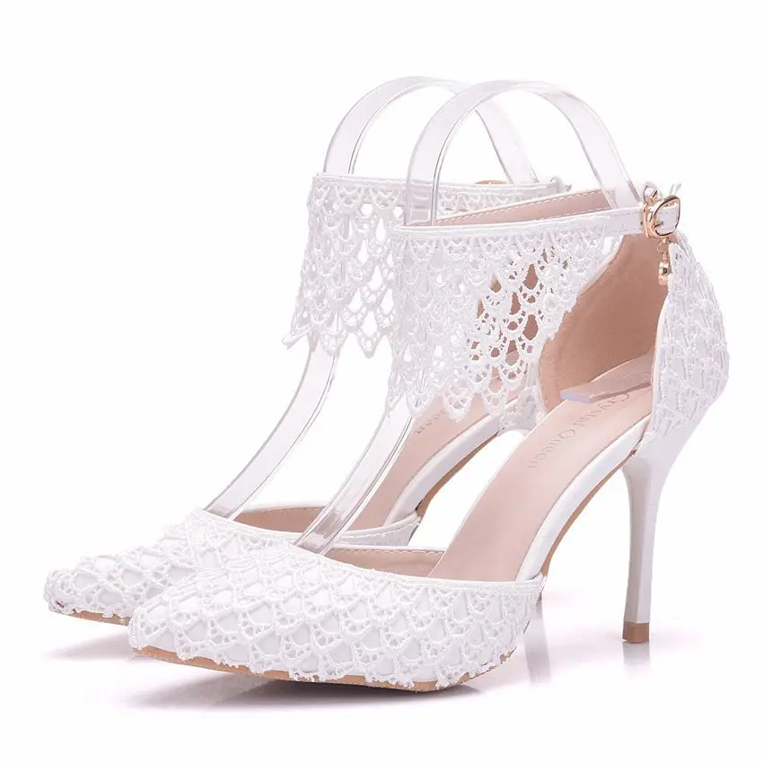 

Women High Heels Pumps Pointed Toe Leather Lace White Wedding Shoes Stiletto Heels Sexy Summer Ladies Sandals Shoes