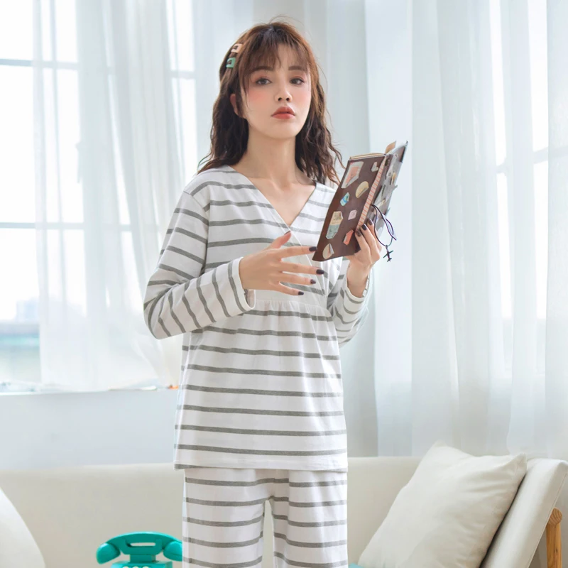 Spring New Fashion Soft Gray Striped Cotton Maternity Pajamas Comfortable Nursing Nightgown Breastfeeding Pregnancy Pyjama A324 Spring New Fashion Soft Gray Striped Cotton Maternity Pajamas Comfortable Nursing Nightgown Breastfeeding Pregnancy Pyjama A324