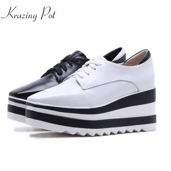 

Krazing Pot new cow leather casual shoes square toe women pumps wedge superstar high heels mixed color lace up Oxford shoes L6f1