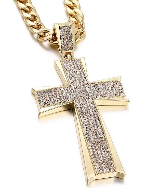Ювелирные изделия в стиле хип-хоп, подвеска с большим крестом, блестящий кристалл, модный шикарный крест, Мужская цепочка, ожерелье, ювелирные изделия - Окраска металла: Small Gold Cross
