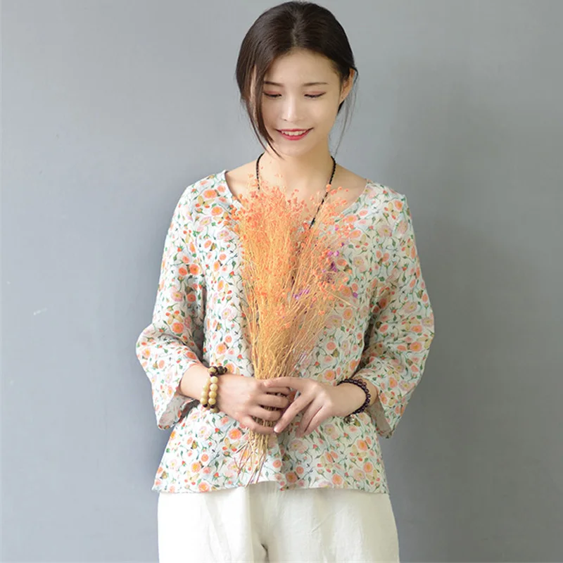

SCUWLINEN 2019 Summer Women Tops Vintage Cute Print O-neck Three Quarter Sleeve 100% Ramie Women's Shirt Thin Camiseta S591