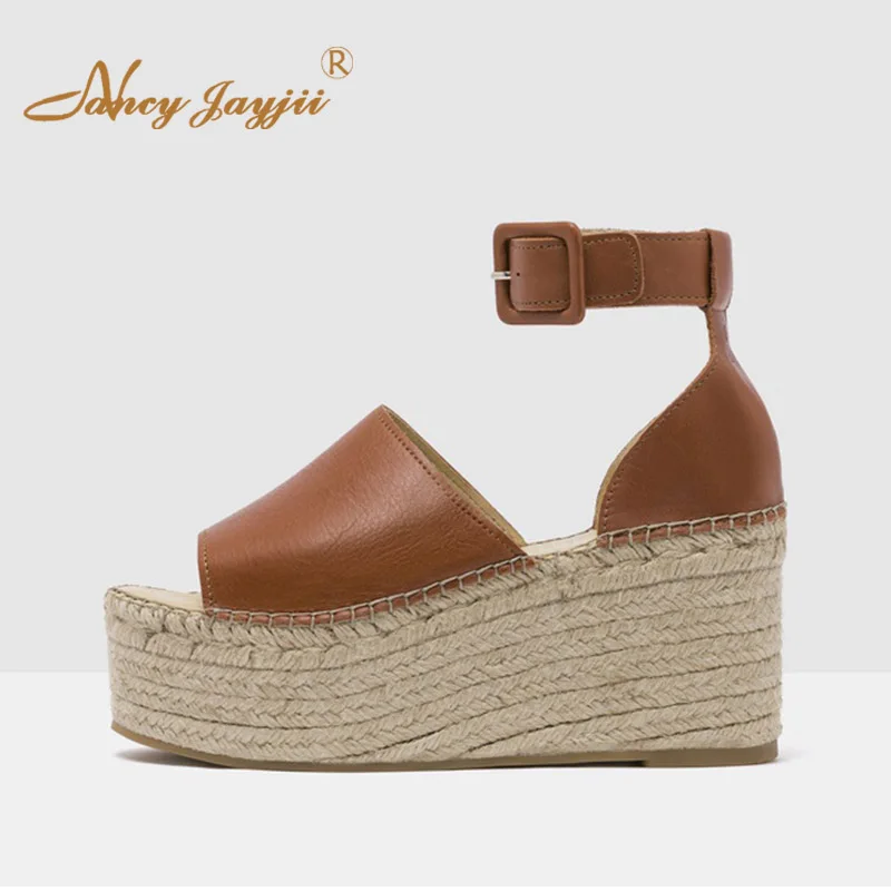 

Large Size 11 13 Brown Buckle Espadrille Platform Sandals Woman Open Toe High Wedges Solid For Ladies Summer Shoes Holidays 2019